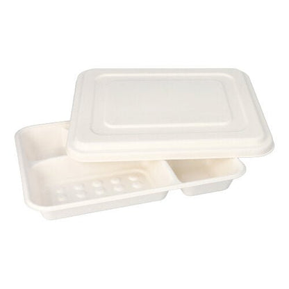 A PAPSTAR 25 menü-tálca, cukornád „pure“ 5-részes fehér a PAPSTAR GmbH-tól fehér, 5-részes, biológiailag lebomló tálcák megfelelő fedőkkel – környezetbarát csomagolás különféle ételekhez.