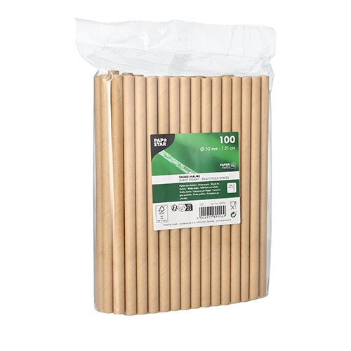 Átlátszó műanyag csomagolás 100 Shake-szívószállal a PAPSTAR GmbH-tól (papír, barna, 21 cm x 10 mm), angol nyelvű felirattal zöld-fehér szimbólumokkal az újrahasznosításhoz és komposztálhatósághoz. Ideális környezettudatos házigazdáknak.