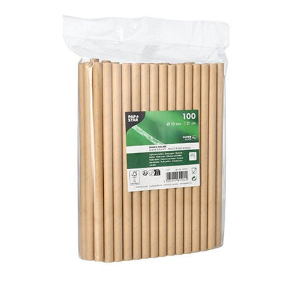 Átlátszó műanyag csomagolás 100 Shake-szívószállal a PAPSTAR GmbH-tól (papír, barna, 21 cm x 10 mm), angol nyelvű felirattal zöld-fehér szimbólumokkal az újrahasznosításhoz és komposztálhatósághoz. Ideális környezettudatos házigazdáknak.
