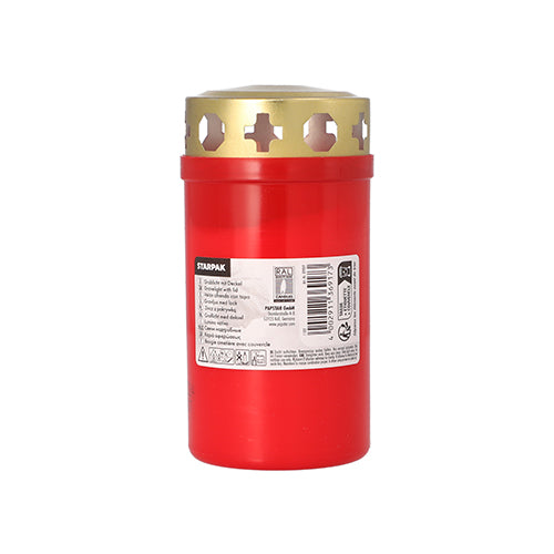 Egy Starpak sírlámpa arany fedéllel Ø 6,4 cm · 12,5 cm burkolattal a Starpaktól egy egyszerű fehér alapon áll függőlegesen, aranyszínű fedéllel és termékcímkével. Ideális a temető számára.