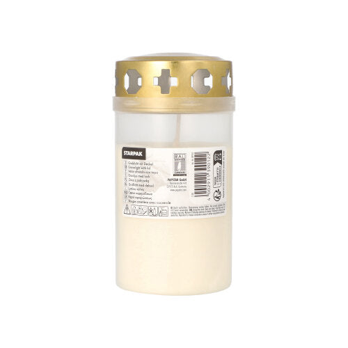 A Starpak sírlámpa arany fedéllel Ø 6,4 cm · 12,5 cm burkolattal egy fehér sírgyertya áttetsző tartályban, kereszt alakú kivágásokkal az arany fedélben, termékinformációkkal feliratozva – ideális temetői használatra.