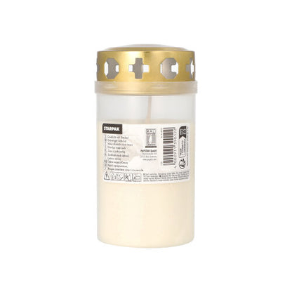 A Starpak sírlámpa arany fedéllel Ø 6,4 cm · 12,5 cm burkolattal egy fehér sírgyertya áttetsző tartályban, kereszt alakú kivágásokkal az arany fedélben, termékinformációkkal feliratozva – ideális temetői használatra.