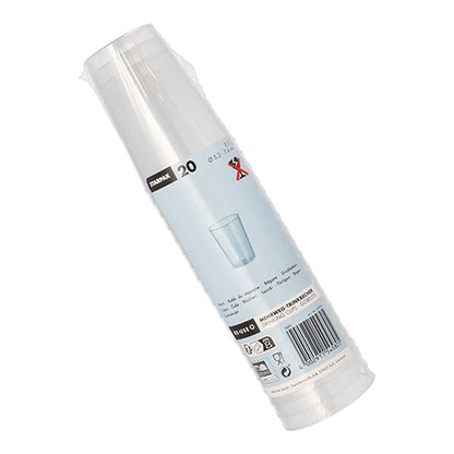 Egy műanyagba csomagolt csomag 20 Starpak újrahasználható ivópohárral, PP, 0,1 l, Ø5,2 cm × 7,4 cm, áttetsző és törhetetlen, termékadatokkal ellátott címkével, pohárillusztrációval, vonalkódokkal és újrahasznosítási szimbólumokkal.