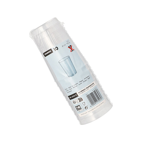 10 átlátszó, törhetetlen többször használatos ivópohár PP-ből Starpaktól, tiszta csomagolásban címkével, vonalkóddal és pohárképpel.