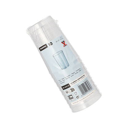 10 átlátszó, törhetetlen többször használatos ivópohár PP-ből Starpaktól, tiszta csomagolásban címkével, vonalkóddal és pohárképpel.