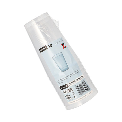 Egy csomag tíz Starpak 10 többször használatos ivópohár PP áttetsző, törhetetlen pohárral, műanyag fóliában a Starpak márkával, pohárképpel, termékinformációkkal, újrahasznosítási szimbólumokkal és vonalkóddal.