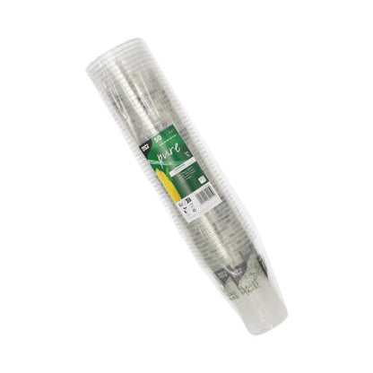 Egy halom átlátszó PAPSTAR 50 darabos PLA „Kukorica pohár” ivópohár a(z) PAPSTAR GmbH-tól, műanyagba csomagolva zöld címkével a „50 pohár” felirattal, kukoricaképpel és egy szöveggel, amely kiemeli ezeket a környezetbarát poharakat.