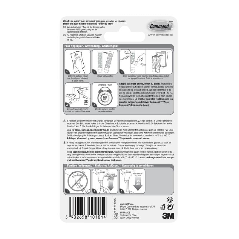 A 3M Deutschland GmbH Command™ vászonakasztó hátoldali csomagolása vonalkóddal, termékrészletekkel, 3M logóval és képes útmutatóval francia, német és holland nyelven a ragasztószalagok felhelyezéséhez és eltávolításához.
