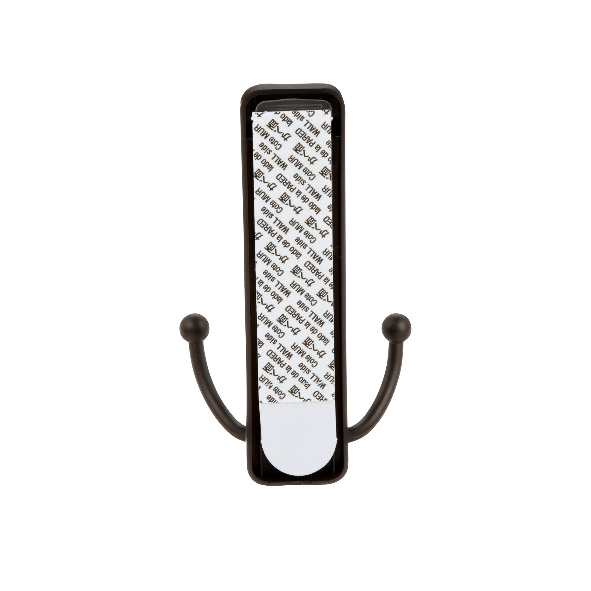 Der Command™ Großer Badezimmer-Doppelhaken Nickel satiniert von 3M Deutschland GmbH mit zwei gebogenen Prongs und Klebestrips samt Branding und Anleitung ist auf weißem Hintergrund abgebildet. Die Packung enthält 1 Haken und 2 große Strips.