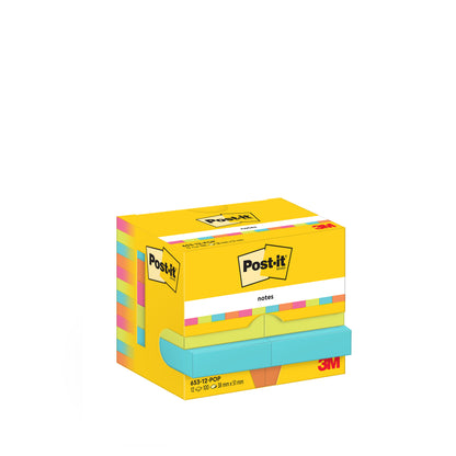 Egy sárga doboz Post-it® Notes a 3M Deutschland GmbH Poptimistic Collection-ből 12 blokkot tartalmaz, egyenként 100 lappal (38 mm x 51 mm), színes szélekkel és PEFC tanúsítvánnyal kartoncsomagolásban (SGSCH-PEFC-COC-110078).