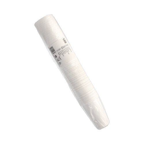 Egy csomag 100 Starpak ivópohárral (0,2 l, Ø 7,03 cm, 9,9 cm, fehér) könnyű PP-ből, átlátszó fóliába csomagolva vonalkóddal és címkével - tökéletes a mindennapi használatra.