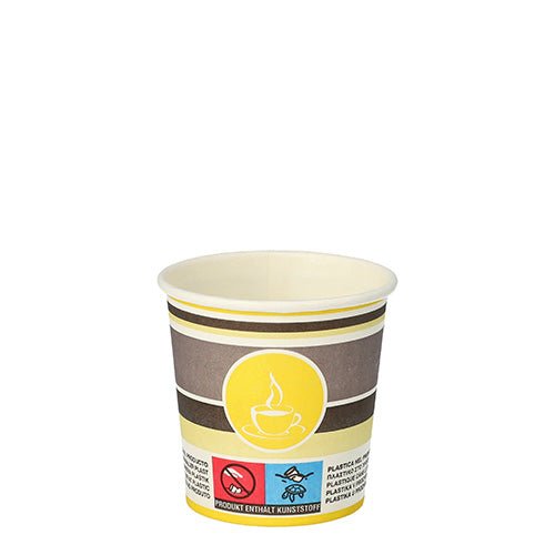 A Starpak "To Go" papírpohár, 0,1 l (Ø 6 cm), barna-sárga dizájnnal, kávéscsésze szimbólummal, figyelmeztetésekkel az alsó szélén és egyszerű fehér háttérrel. Csomag 80 darab.