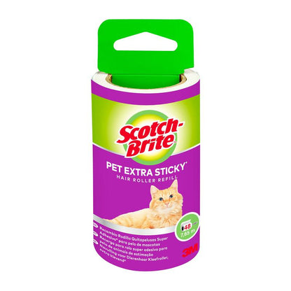 A Scotch-Brite™ Pet Extra Sticky* cserehenger állatszőrre, 48 lap (1 csomag) a 3M Deutschland GmbH-tól eltávolítja az állatszőrt a ruházatról és bútorokról. Narancssárga macska lila és zöld csomagoláson.