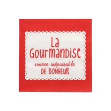 PAPSTAR 20 Servietten, 33x33 cm, 3-lagig, rot: Rote Servietten mit weißer Mitte und französischem Aufdruck "La Gourmandise source inépuisable DE BONHEUR" in Rot. Hochwertige Qualität von PAPSTAR GmbH - ideal für besondere Anlässe.