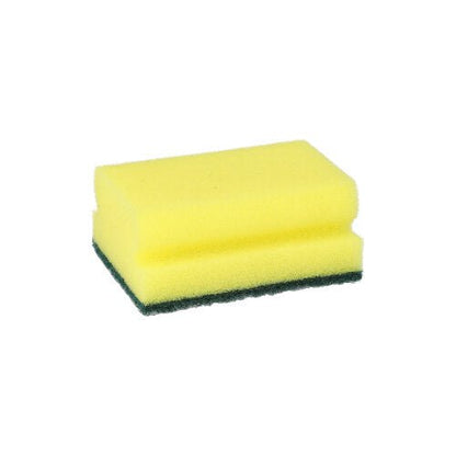 Egy téglalap alakú sárga/zöld Starpak dörzsszivacs fogóréssel, mérete 4,1 x 9,5 x 6,8 cm, a „Starpak 6 Topfreiniger” készletből, fehér háttér előtt ábrázolva.