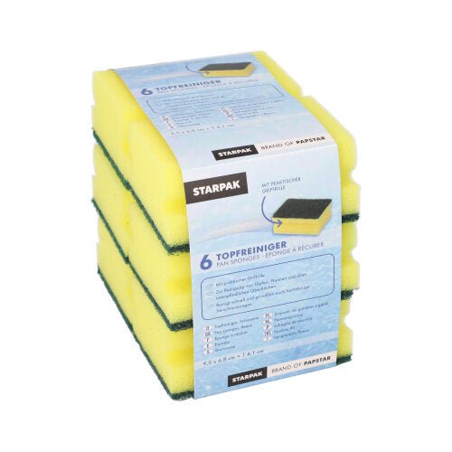 Egy csomag hat téglalap alakú sárga/zöld Starpak edénysúroló szivaccsal fogóréssel (4,1 x 9,5 x 6,8 cm, karcálló), átlátszó csomagolásban, kék szalaggal és termékinformációkkal ellátva.
