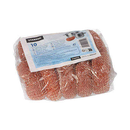 Egy átlátszó műanyag csomagolás 10 Starpak réz edénytisztítót tartalmaz, kerek Ø 9 cm · 3 cm, mindegyik robusztus a hatékony tisztításhoz, kék-fehér címkével, termékinformációkkal és vonalkóddal.