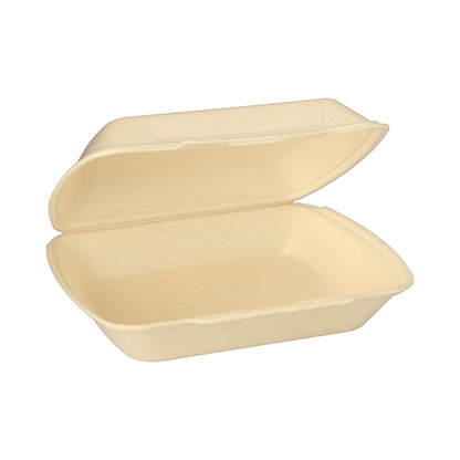 Egy Starpak Menübox XPS elvitelre (7,5 cm x 24,3 cm x 20,8 cm) a "Starpak 100 Menüboxok lehajtható fedéllel" készletből nyitva és üresen látható fehér háttéren, bemutatva bézs színű téglalap alakú kialakítását.