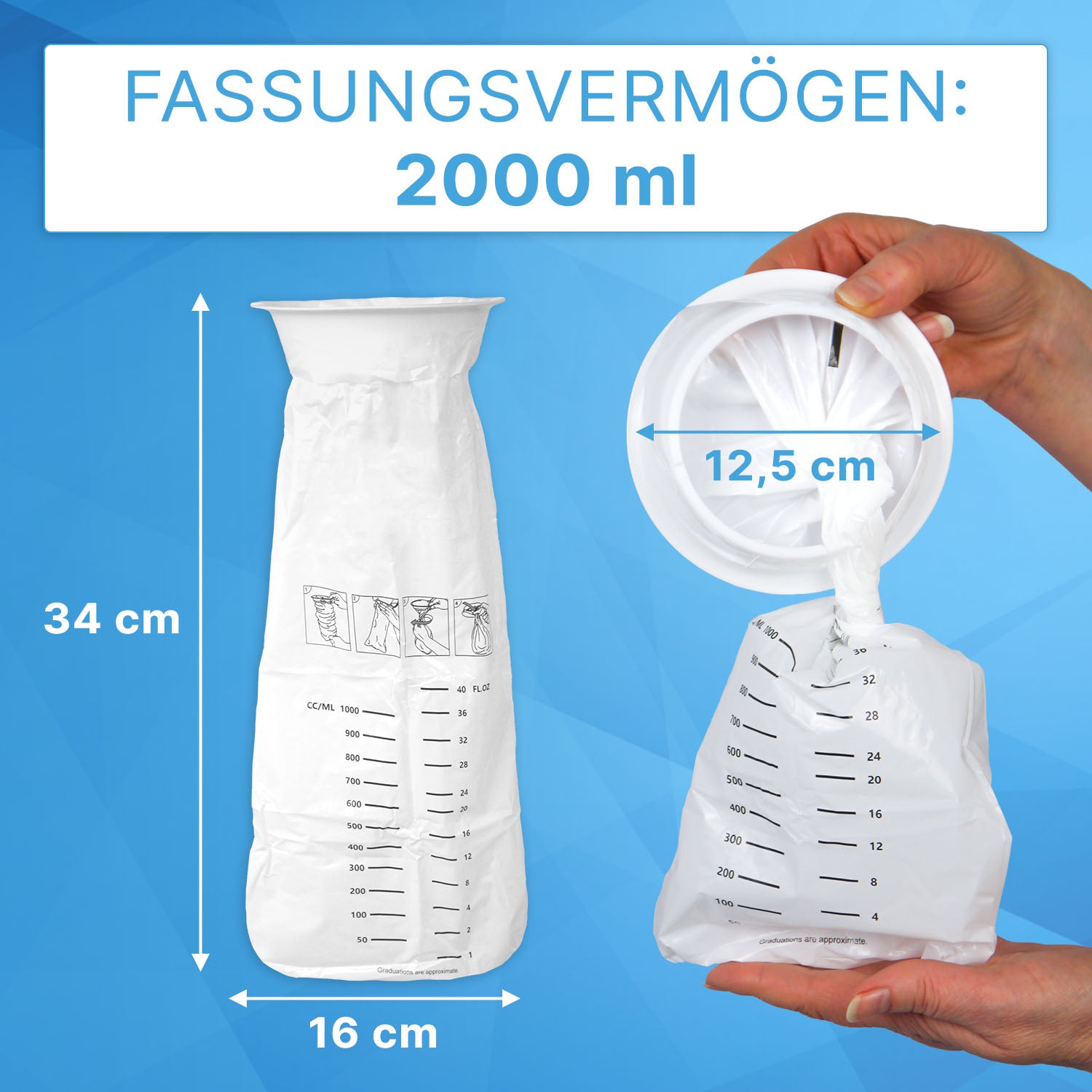 Der ARNOMED Spuckbeutel mit Verschlussring von ARNOWA GmbH (25 Stück) ist ein weißer, hygienischer Beutel (34 x 16 cm) mit 12,5 cm Öffnung und Messskala bis 2000 ml - ideal als medizinisches Zubehör oder Spuckbeutel.