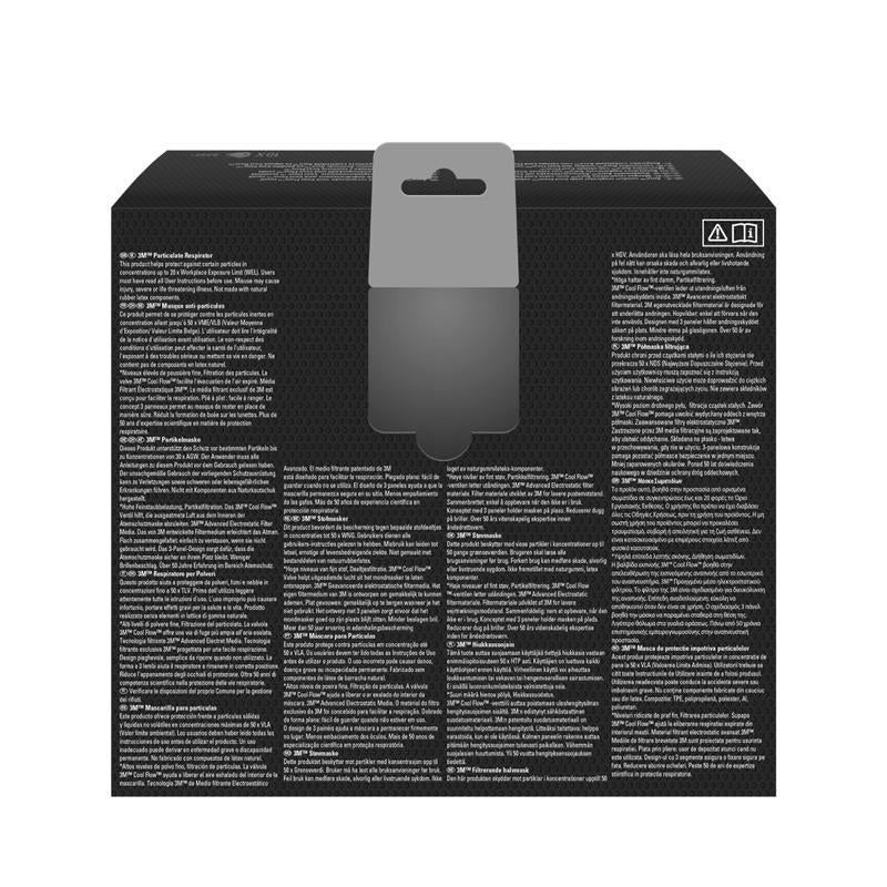 A kép a fekete 3M™ Aura™ Comfort Cool Flow™ részecskemaszk 9332+ FFP3 hátoldalát mutatja a 3M Deutschland GmbH-tól, sűrű fehér többnyelvű szöveggel, szürke akasztófüllel felül és két kis szimbólummal a jobb felső sarokban.