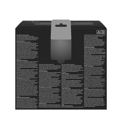 A kép a fekete 3M™ Aura™ Comfort Cool Flow™ részecskemaszk 9332+ FFP3 hátoldalát mutatja a 3M Deutschland GmbH-tól, sűrű fehér többnyelvű szöveggel, szürke akasztófüllel felül és két kis szimbólummal a jobb felső sarokban.