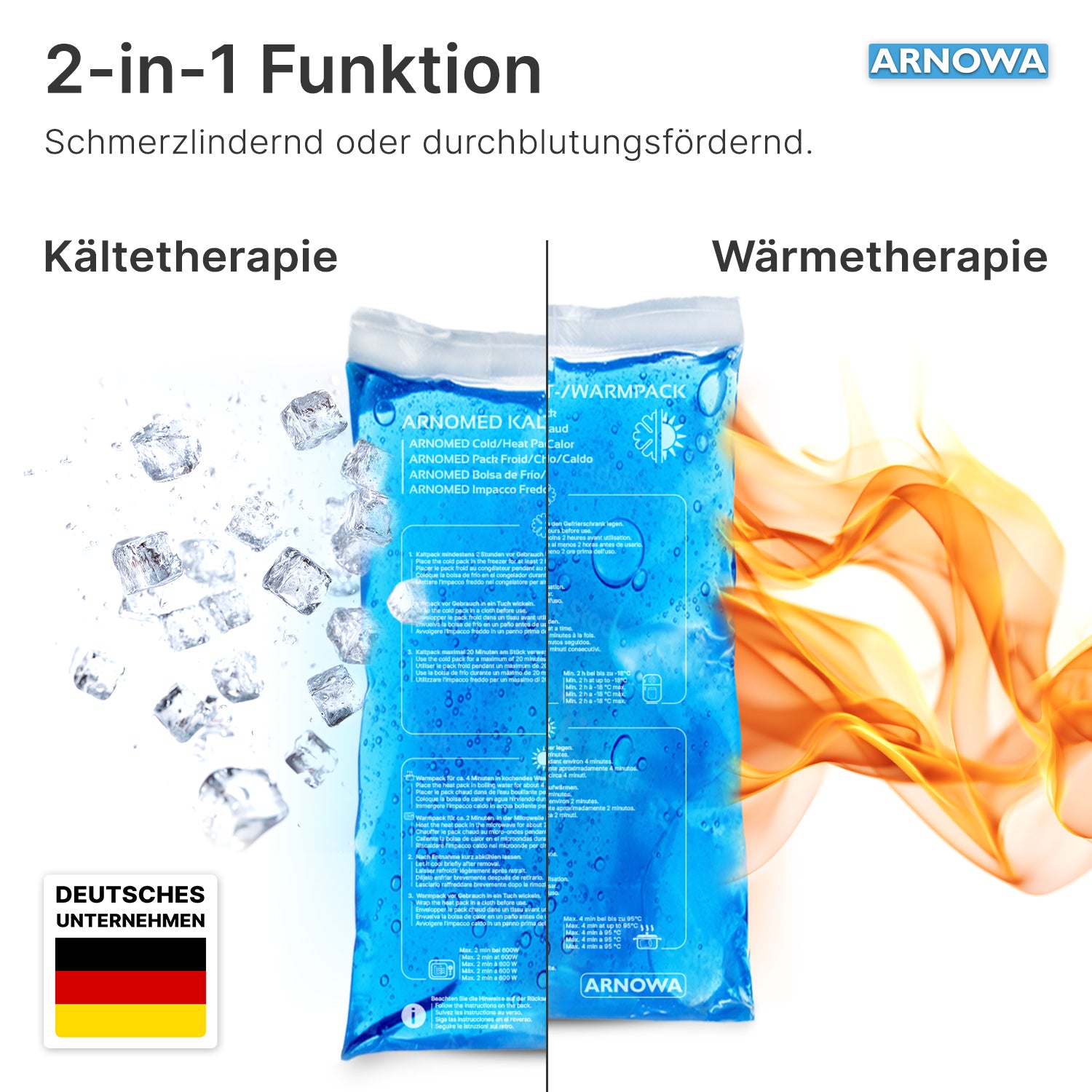 Das ARNOMED KALT-/WARMPACK von ARNOWA GmbH ist mittig geteilt: links Eiswürfel für Kältetherapie, rechts Flammen für Wärmetherapie. Wiederverwendbar mit deutscher Beschriftung und Flagge.