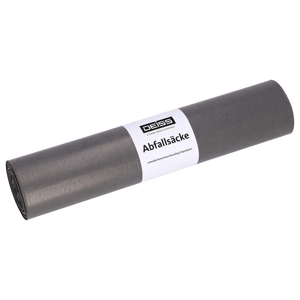 Abgebildet ist eine Rolle EMIL DEISS KG DEISS Abfallsäcke aus Recycling-LDPE 60 l - grau (25 Stück) mit einem weißen Etikett auf weißem Hintergrund.
