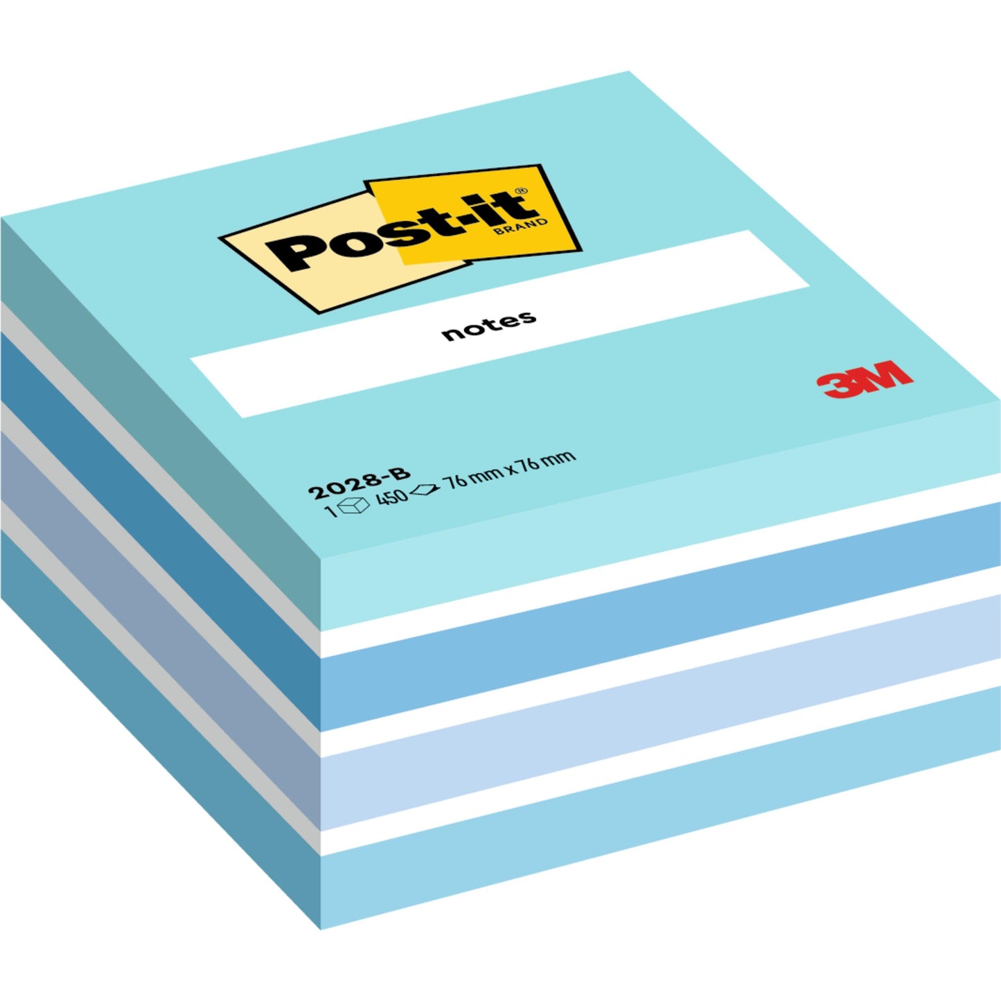 Egy Post-it® Notes kocka (76 mm x 76 mm, 450 lap/blokk, 100% PEFC) a 3M Deutschland GmbH-tól, váltakozó fehér és kék lapokkal, a Post-it logóval és a "notes" felirattal a tetején.