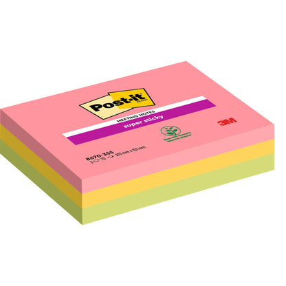 Egy köteg téglalap alakú Post-it® Super Sticky Meeting Notes a 3M Deutschland GmbH-tól különböző színekben (203 mm x 153 mm, 70 lap/blokk, 3 blokk/csomag), 100%-ban PEFC-tanúsítvánnyal rendelkező papírból (SGSCH-PEFC-COC-110078).