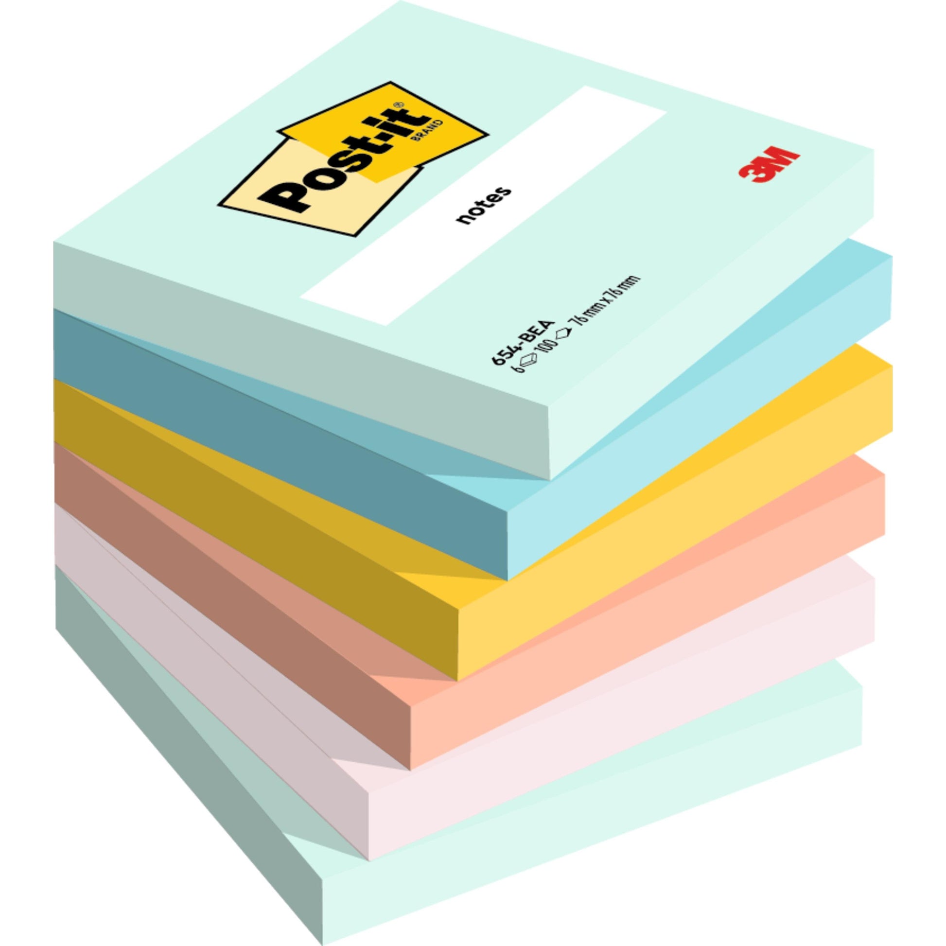 Ein Stapel von sieben 3M Deutschland GmbH Post-it® Haftnotizen, 76x76 mm, 100 Blatt pro Block, in verschiedenen Pastellfarben, wobei der oberste Block das Post-it- und das 3M-Logo zeigt. Hergestellt aus 100% PEFC-zertifiziertem Papier.