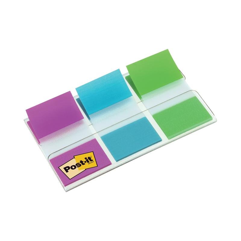 Egy csomag Post-it® Index jelölőcímke (25,4 mm x 43,2 mm, 60 darab) különböző színekben a 3M Deutschland GmbH-tól, részben átlátszó adagolóból kihúzva - ideális dokumentumok szervezéséhez és egyszerű azonosításhoz.
