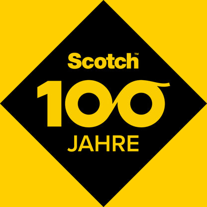 Egy fekete rombusz sárgán mutatja a Scotch-logót, „100” ragasztószalagtekercs-nullákkal és „JAHRE”, amelyek 100 év innovációt jelölnek, mint a Scotch® Extrém tartós filcpárna SP87A36 (ø34 mm, 4/csomag), önragasztó az optimális bútorvédelemért a 3M Deutschland GmbH-tól.