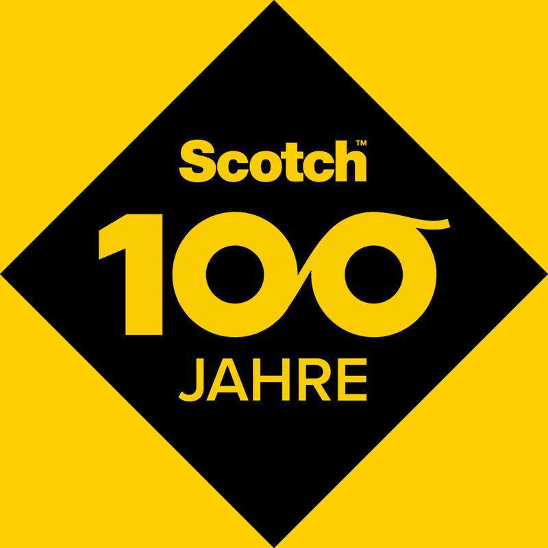 Egy sárga-fekete logó a 3M Deutschland GmbH Scotch® Permanent ragasztóstiftjéhez "Scotch Klebestift" feliratot mutat a "100" (szalagszerű nullákkal) fölött, alatta pedig "JAHRE" feliratot, mindezt fekete rombuszban sárga alapon.
