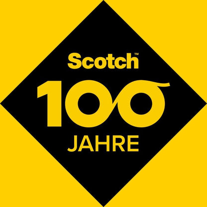 Egy sárga-fekete grafika ünnepli a Scotch™ 100. évfordulóját, a 3M Deutschland GmbH logójával, a "100" stilizálva mint ragasztószalag és "Jahre" alatta, kiemelve a Scotch™ Karim Rashid asztali adagolót.
