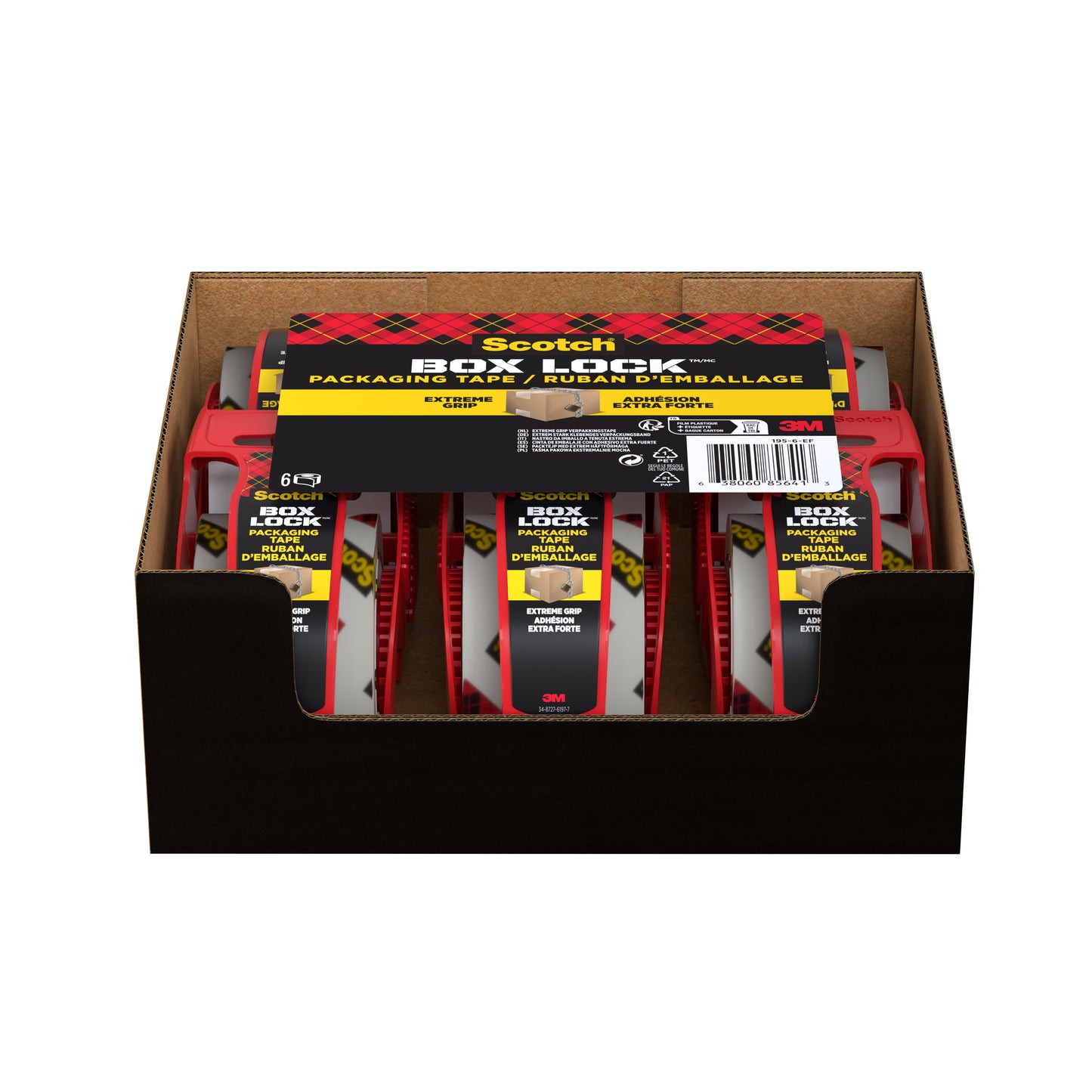 Ein brauner Displaykarton enthält sechs Packungen Scotch® Box Lock™ Verpackungsklebeband 48 mm x 20,3 m von 3M Deutschland GmbH, jeweils mit rotem Spender und gelb-schwarzem Etikett, vertikal angeordnet und mit sichtbarem Branding.