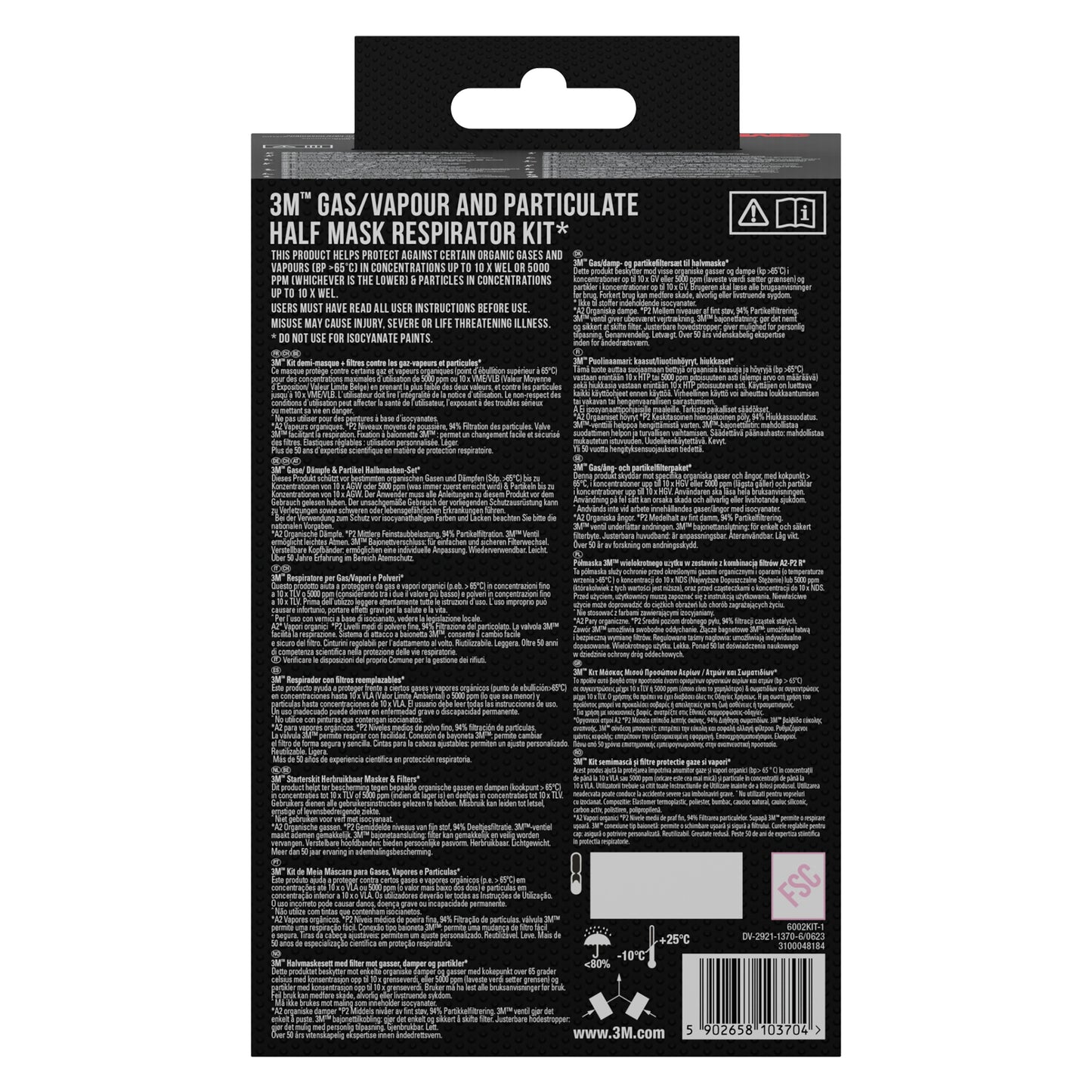 Rückseite einer 3M™ Filtersatz 6002-1SP, A2P2 organische Dämpfe (2x6055, 2x5925, 2x501) Packung der 3M Deutschland GmbH mit Produktdetails, Anweisungen, Warnhinweisen, Symbolen und Barcode auf schwarzem Hintergrund.