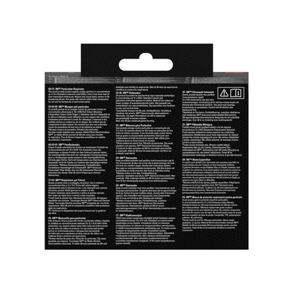 A 3M™ 8710E részecskemaszk, FFP1, szelep nélküli csomagolás hátoldala a 3M Deutschland GmbH-tól biztonsági figyelmeztetéseket és információkat tartalmaz több nyelven fekete háttérrel és fehér szöveggel, valamint újrahasznosítási és szárazon tartási szimbólumokkal.