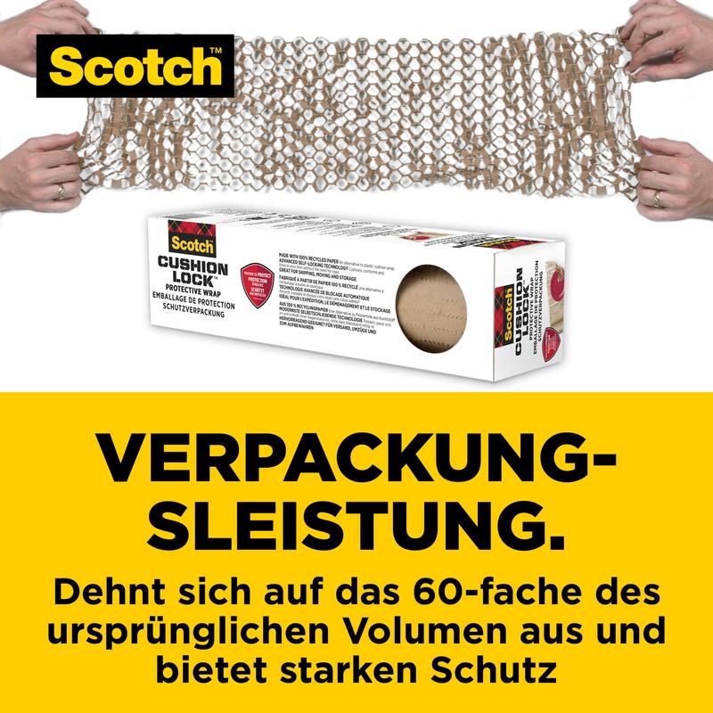 Két kéz tekeri a Scotch™ Cushion Lock™ védőcsomagolást (30,4 cm x 9,14 m, 1 tekercs/csomag) a 3M Deutschland GmbH-tól egy dobozra. Ideális érzékeny tárgyakhoz - kiterjed és erős védelmet nyújt.