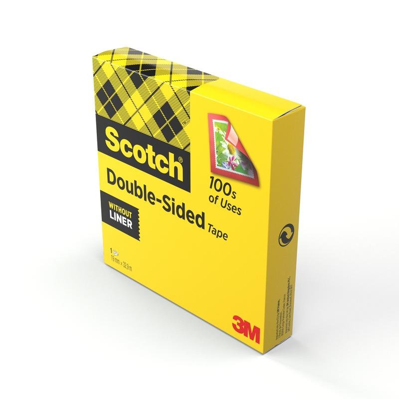 Egy sárga doboz Scotch® kétoldalas ragasztószalag (1 tekercs, 19 mm x 33 m) a 3M Deutschland GmbH-tól, ideális kézműves igényekhez, mutatja a címkét és egy virágos kártyát - hordozó nélkül.