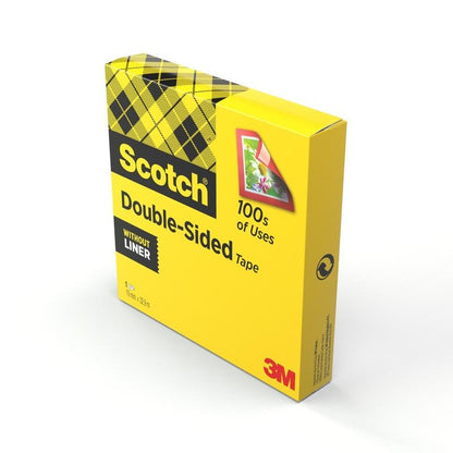 Egy sárga doboz Scotch® kétoldalas ragasztószalag (1 tekercs, 19 mm x 33 m) a 3M Deutschland GmbH-tól, ideális kézműves igényekhez, mutatja a címkét és egy virágos kártyát - hordozó nélkül.