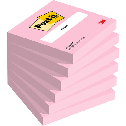 Egy csomag hat rózsaszín Post-it® jegyzettömb (76 x 76 mm, 100 lap, PEFC-tanúsítvánnyal) a 3M Deutschland GmbH-tól, amelynek tetején egy fehér címke található a Post-it logóval, "notes" és a 3M logóval a jobb alsó sarokban.