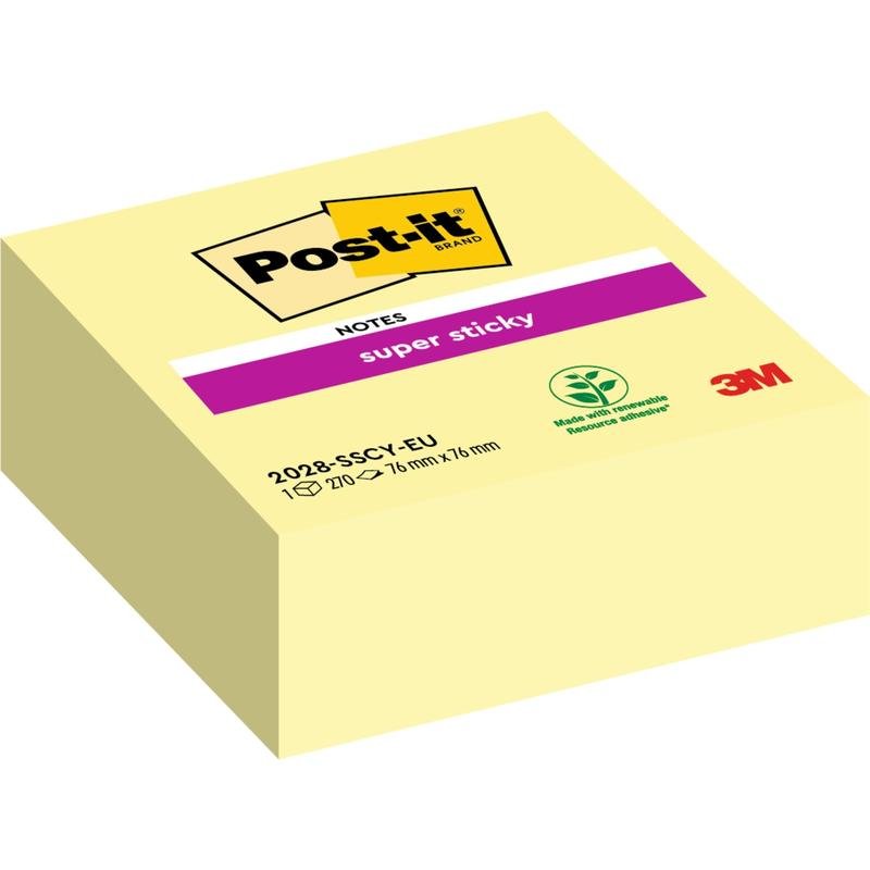 Egy sárga Post-it® Super Sticky Notes kocka, 76x76mm a 3M Deutschland GmbH-tól, amely a Post-it-logót, a "Super Sticky" címkét, az újrahasznosítási szimbólumot, a környezetvédelmi figyelmeztetést, a termékkódot 2028-SSC-Y-EU és egy 3M-logót mutat.
