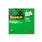 Vorderansicht einer grünen Schachtel Scotch® Magic™ Unsichtbares Klebeband von 3M Deutschland GmbH, mit gelbem Scotch-Logo, einem offenen Buch und Text: "100s of Uses" und "1, 12 mm x 33 m"; 3M-Logo unten rechts.