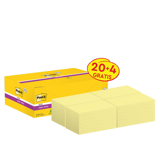 Eine Schachtel mit 3M Post-it® Super Sticky Notes, Gelb, 76x127 mm, 24 Blöcke/Packung (90 Blatt/Block), in PEFC-zertifiziertem Karton. Vier gelbe Zettelstapel sind vorne angeordnet; Etikett "20 + 4 Gratis" sichtbar.