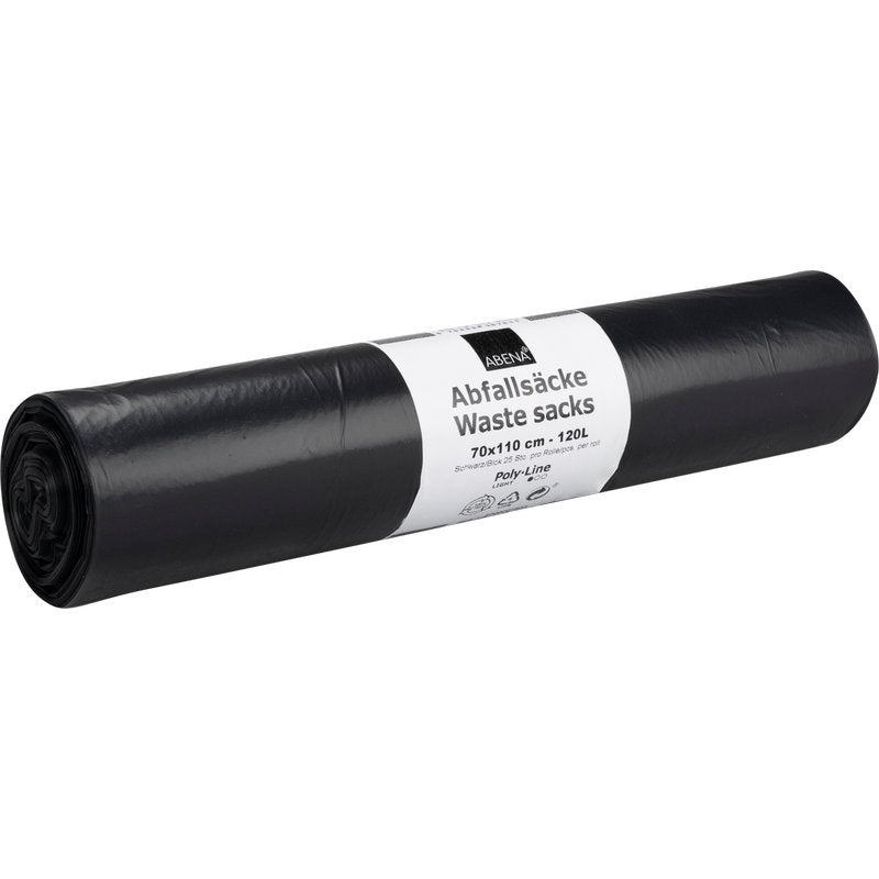 Egy tekercs fekete LDPE szemeteszsák az Abena Re-Seller GmbH-tól (120 L, 700x1100mm, 34 my, 25 zsák) fehér címkével van ellátva, amelyen a márka, méret és kapacitás német és angol nyelven szerepel.