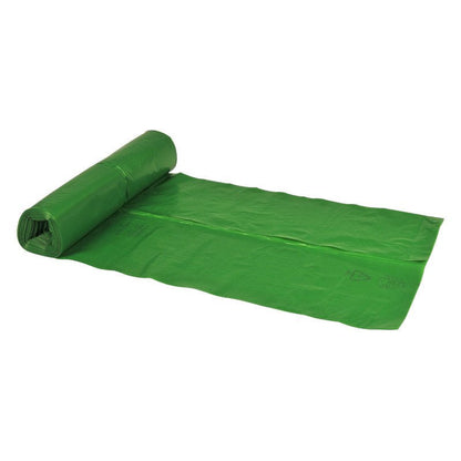 Egy részben kitekert zöld Abena Re-Seller GmbH szemeteszsák 70 L, 575x1000 mm, 32 my LDPE bélés található egy fehér háttéren, a tekercs többi részével - tökéletes a hatékony hulladékkezeléshez.