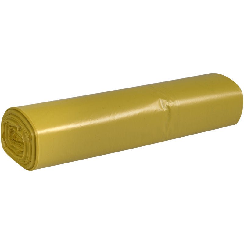 Egy Abena Re-Seller GmbH szemeteszsák 70 L (575x1000 mm, 32 my LDPE) vízszintesen fekszik egy fehér háttéren. A sima, fényes sárga zsákok szorosan csomagolva vannak, és ideálisak a hatékony hulladékkezeléshez.