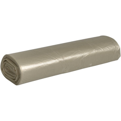 Egy Abena Re-Seller GmbH szemeteszsák 70 L (575x1000 mm, 32 my LDPE) bézs színben szorosan feltekerve, egy fehér felületre helyezve - tökéletes a hatékony hulladékkezeléshez.
