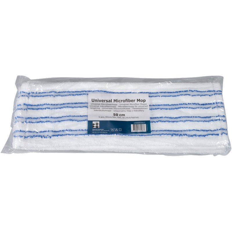 Az Abena Re-Seller GmbH mikroszálas mop sörtékkel, kék/fehér, 50 cm széles és túlnyomórészt fehér kék csíkokkal, átlátszó műanyagban van csomagolva és címkével ellátva.