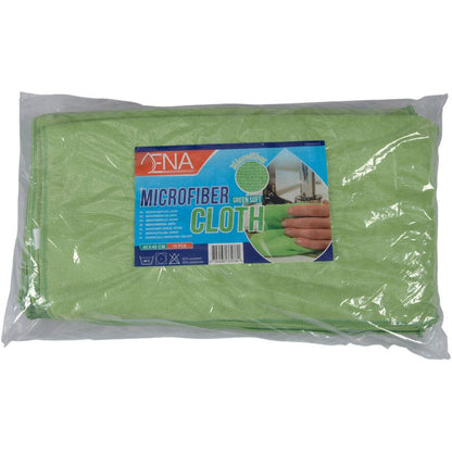 Az Abena Re-Seller GmbH ENA Soft mikroszálas kendője, 40x40 cm, egy zöld mikroszálas kendő átlátszó műanyagban, kék-piros "Mikroszálas kendő" címkével, amely kézzel való tisztítást ábrázol - tökéletes választás tisztításhoz és autóápoláshoz.